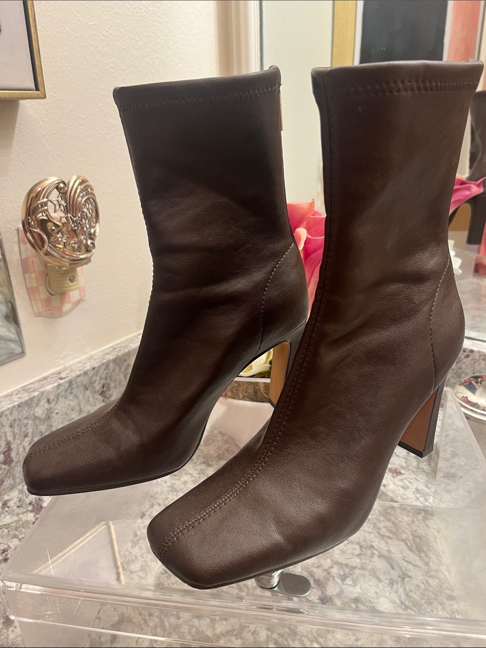 Steve Madden Chocolate Brown Square Toe Stretch Ankle Boots
